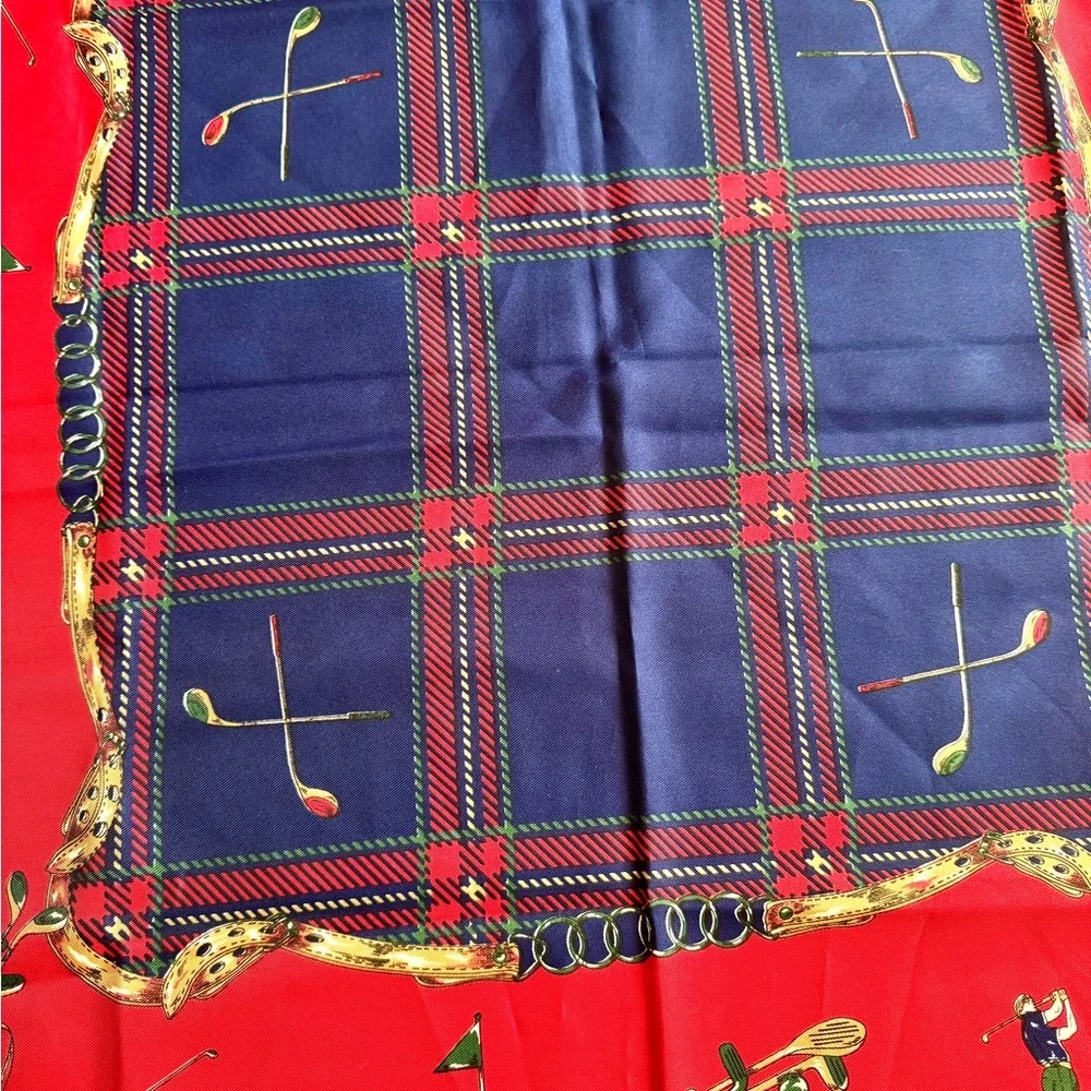 Vintage Golf Print Red &‎ Navy Plaid Scarf 32” Square Satiny Finish